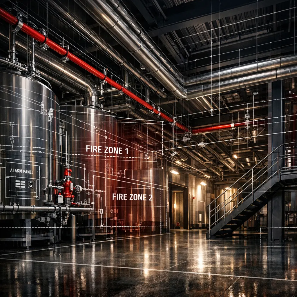 Industrial fire protection facility with red suppression piping and fire-zone segmentation