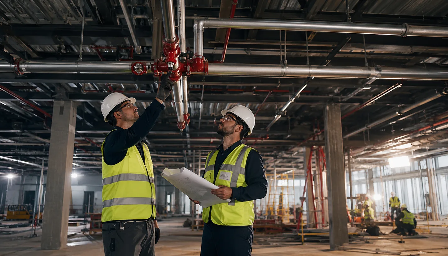Fire protection engineers inspecting an overhead sprinkler pipe installation on a commercial construction site in Egypt