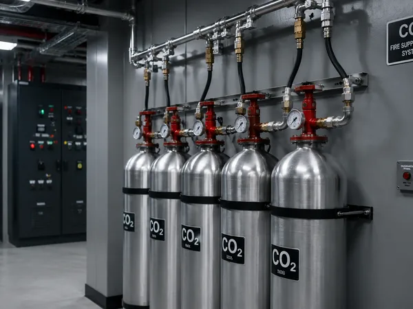 Row of CO2 fire suppression cylinders with pressure gauges in a technical server room